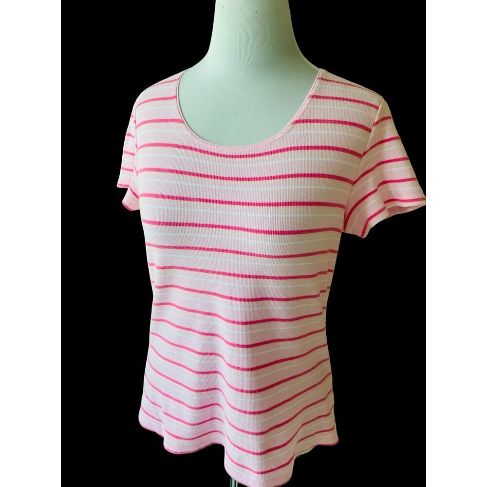CROFT & BARROW LADIES SCOOP NECK SS PINK MULTI COLOR STRIPED TOP TEE TUNIC EUC M